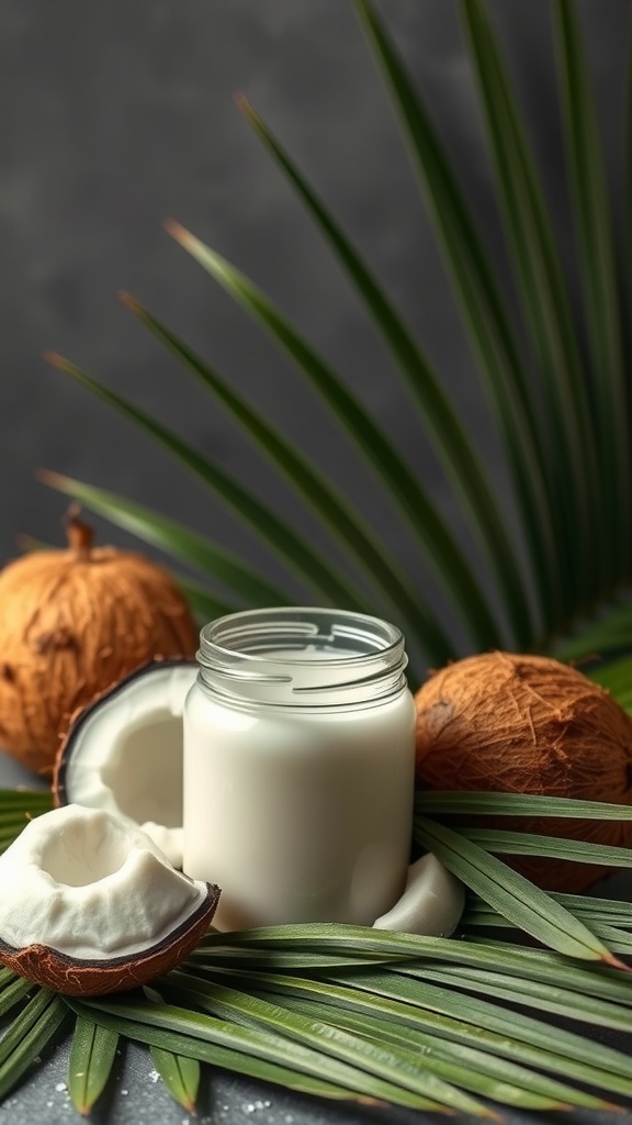 A jar of hydrating lotion surrounded by coconuts and palm leaves.