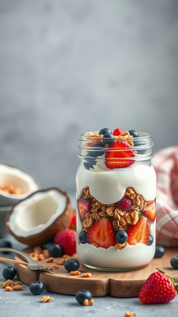 A delicious coconut yogurt parfait with layers of yogurt, berries, and granola.