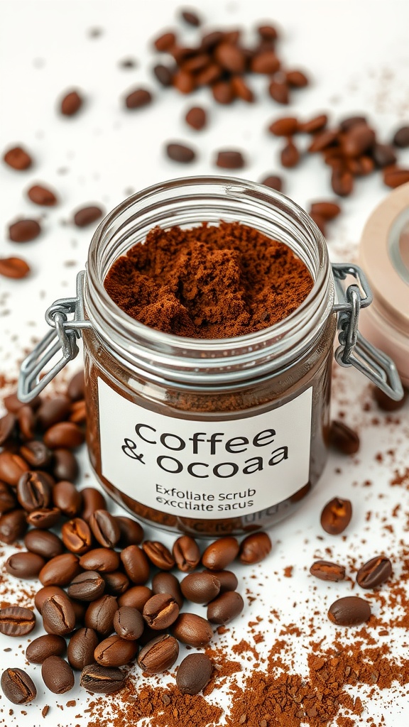 Jar of coffee and cocoa exfoliating scrub surrounded by coffee beans.