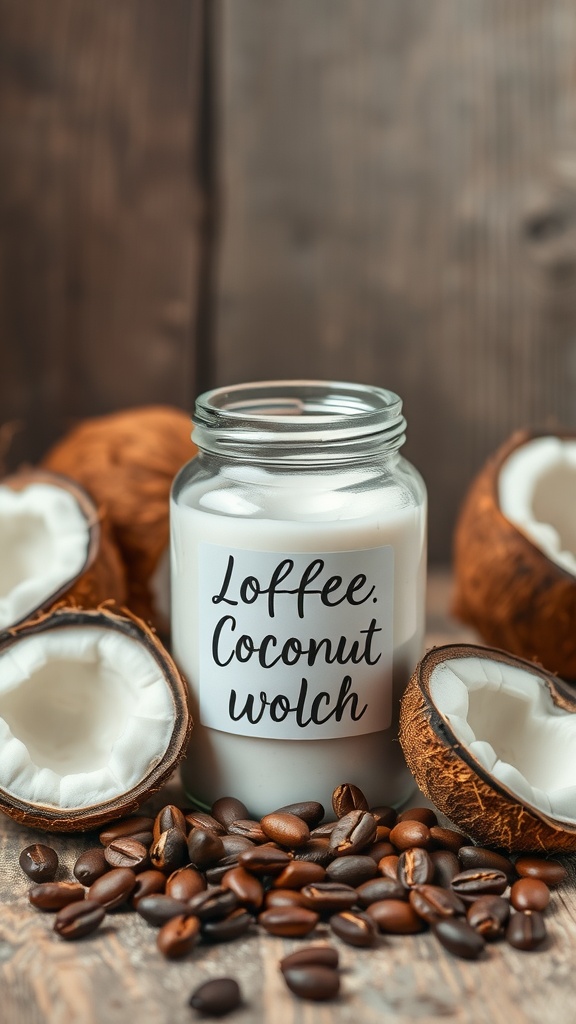 A glass jar of Coffee and Coconut Body Polish with coffee beans and coconut shells