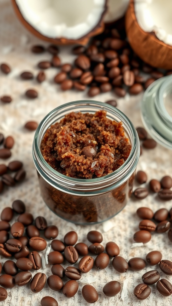 A jar of Coffee and Coconut Body Scrub surrounded by coffee beans and coconut shells.