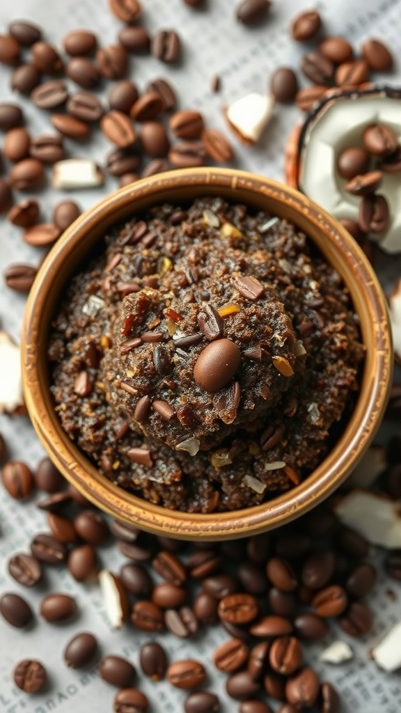 A bowl filled with coffee and coconut oil scrub, surrounded by coffee beans and coconut pieces.