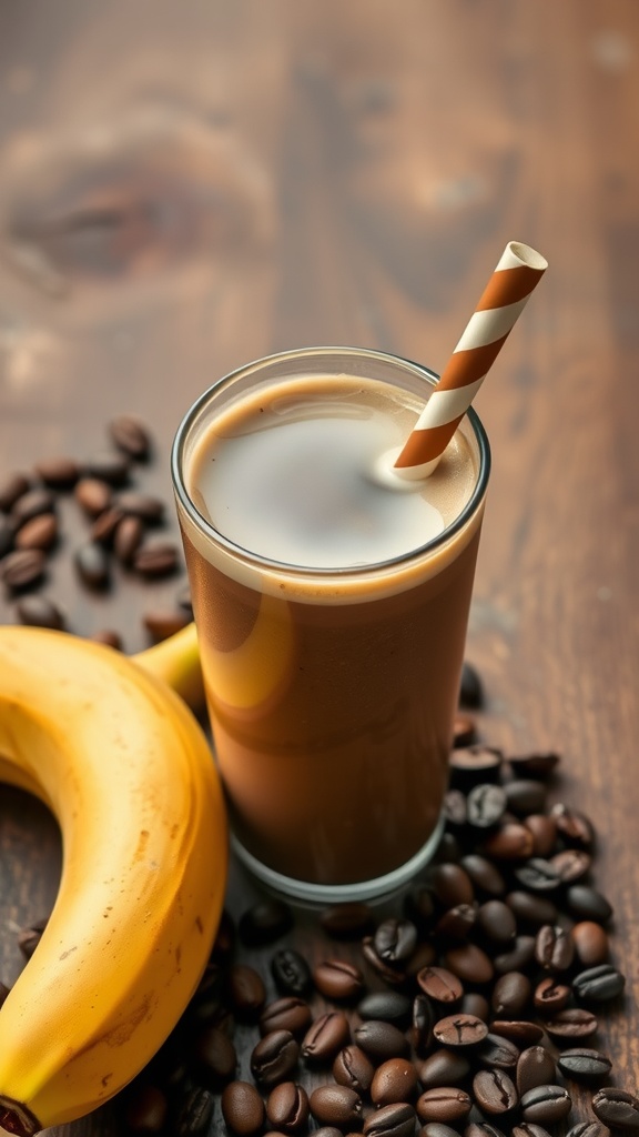 A coffee banana breakfast smoothie in a glass with a straw beside a banana and coffee beans.
