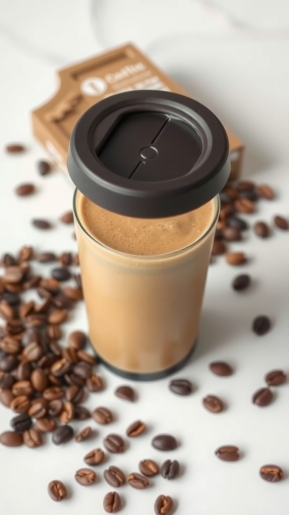 A refreshing Coffee Banana Smoothie in a clear glass with coffee beans scattered around.