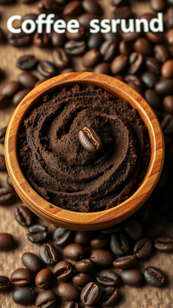A bowl of coffee ground scrub surrounded by coffee beans, showcasing a rich exfoliating product.