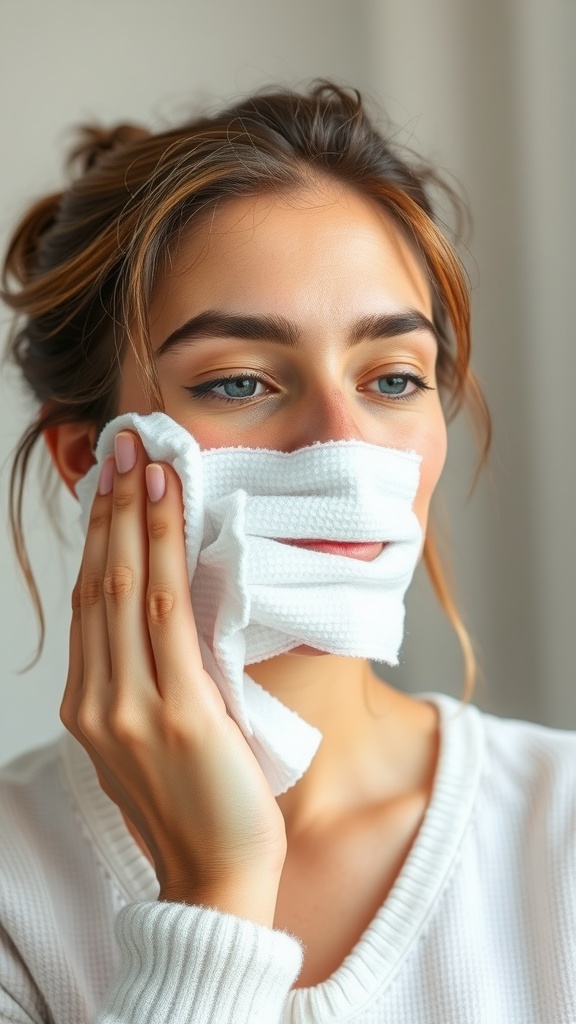 A person applying a cold compress to their face for skincare relief.