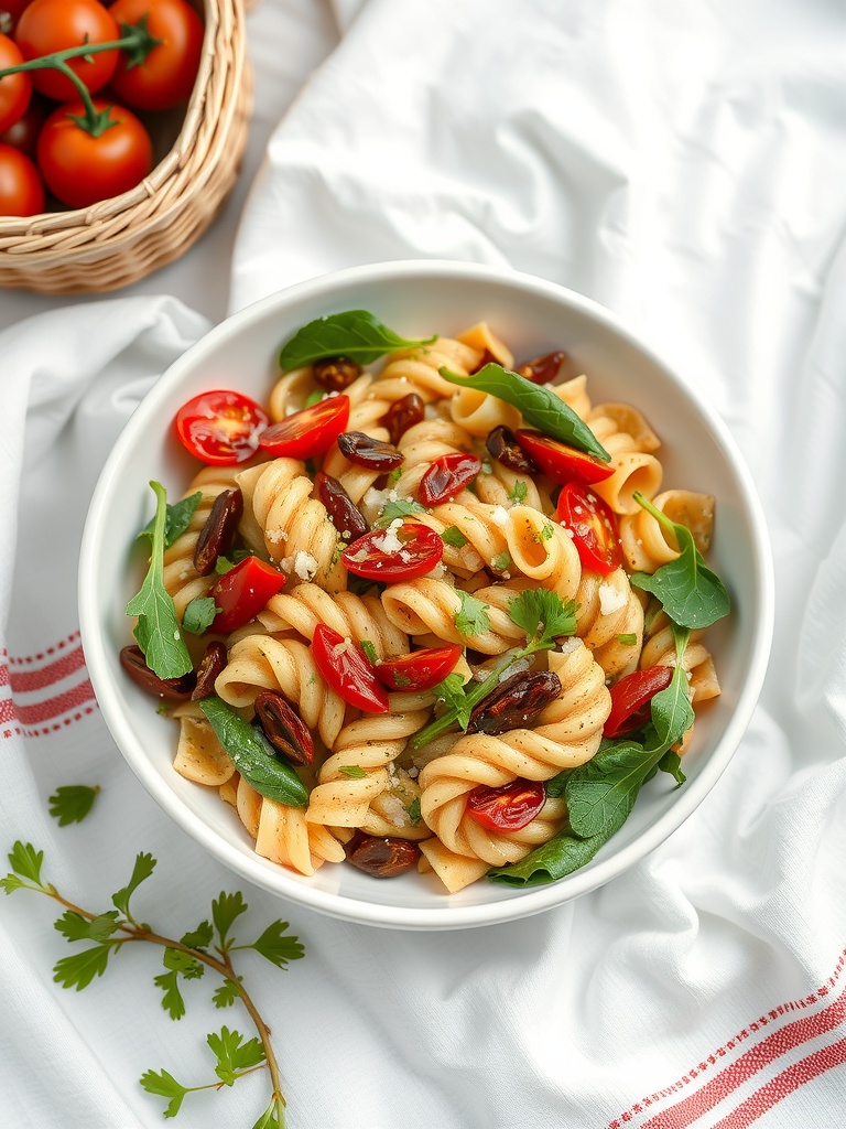 A bowl of cold pasta salad with pesto, cherry tomatoes, and fresh basil.