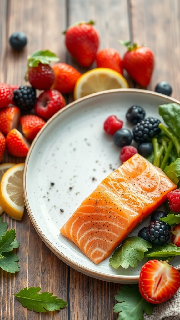 A plate with salmon and assorted berries, highlighting collagen-boosting foods.