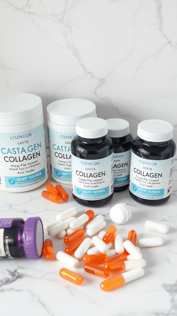 Various types of collagen supplements including powders and capsules on a marble surface.