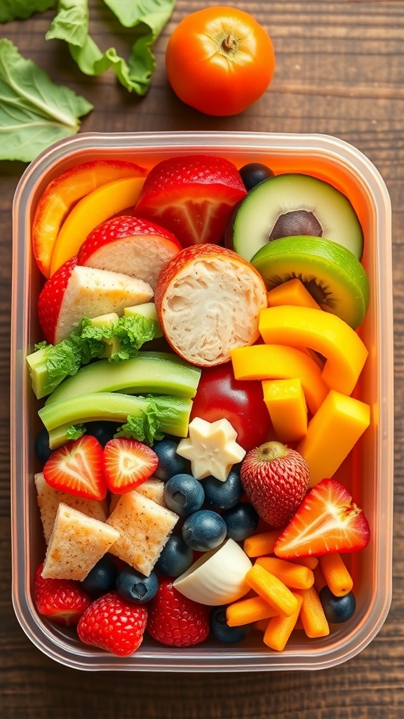 A colorful bento box filled with fruits and vegetables including strawberries, blueberries, kiwi, carrots, celery, and cheese.