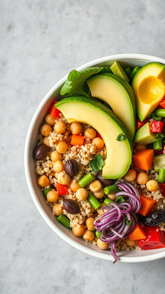 A colorful Buddha bowl filled with quinoa, chickpeas, diced vegetables, and avocado slices.