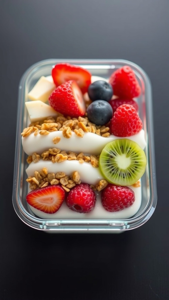 A colorful fruit and yogurt parfait in a glass container, featuring layers of Greek yogurt, granola, strawberries, blueberries, raspberries, and kiwi.