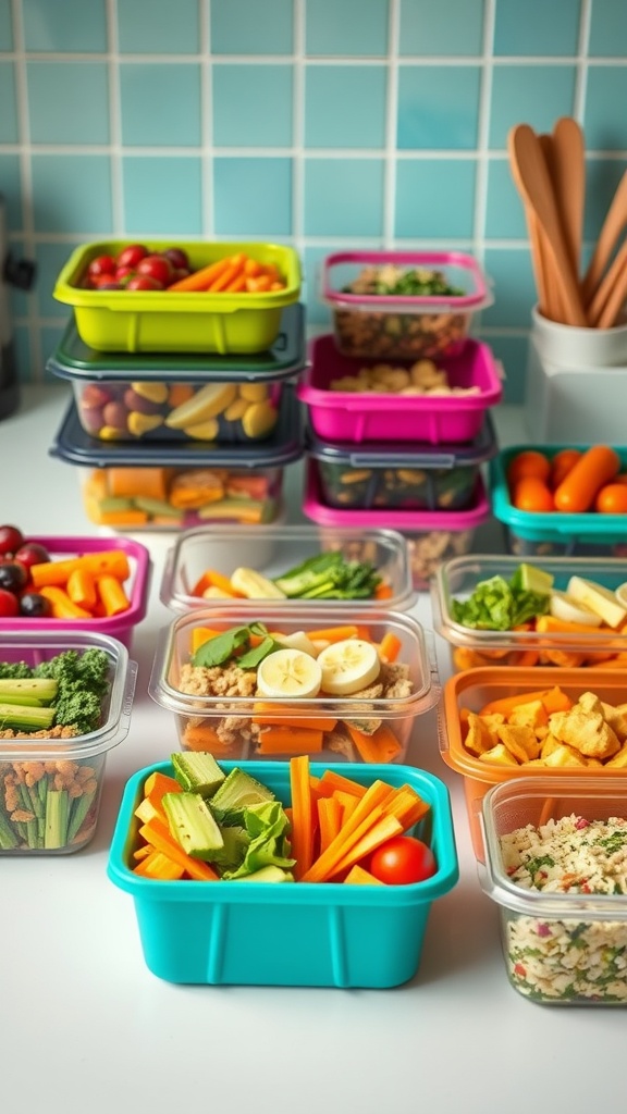 Colorful meal prep containers filled with fruits, vegetables, and grains.
