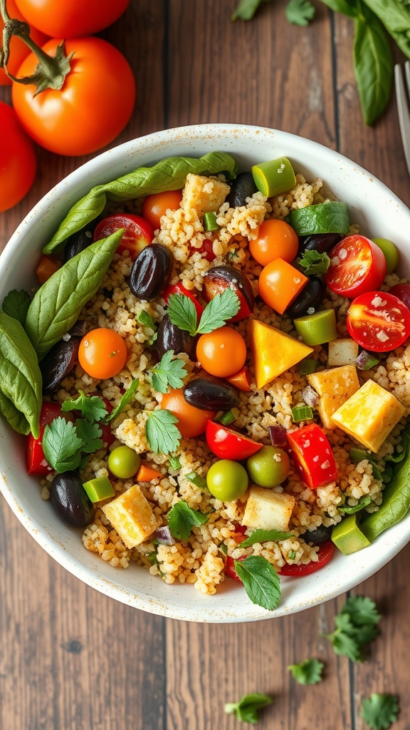 A colorful quinoa salad bowl filled with cherry tomatoes, bell peppers, olives, and feta cheese.