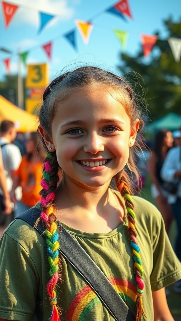 A girl smiling with colorful rainbow braids in a festival setting
