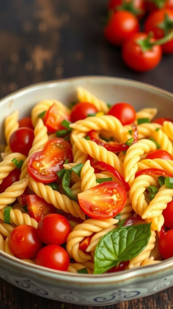 Colorful rainbow pasta salad with fresh ingredients