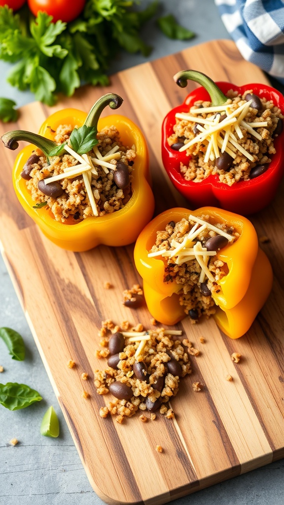 Colorful stuffed bell peppers filled with rice, black beans, and topped with cheese on a wooden cutting board.