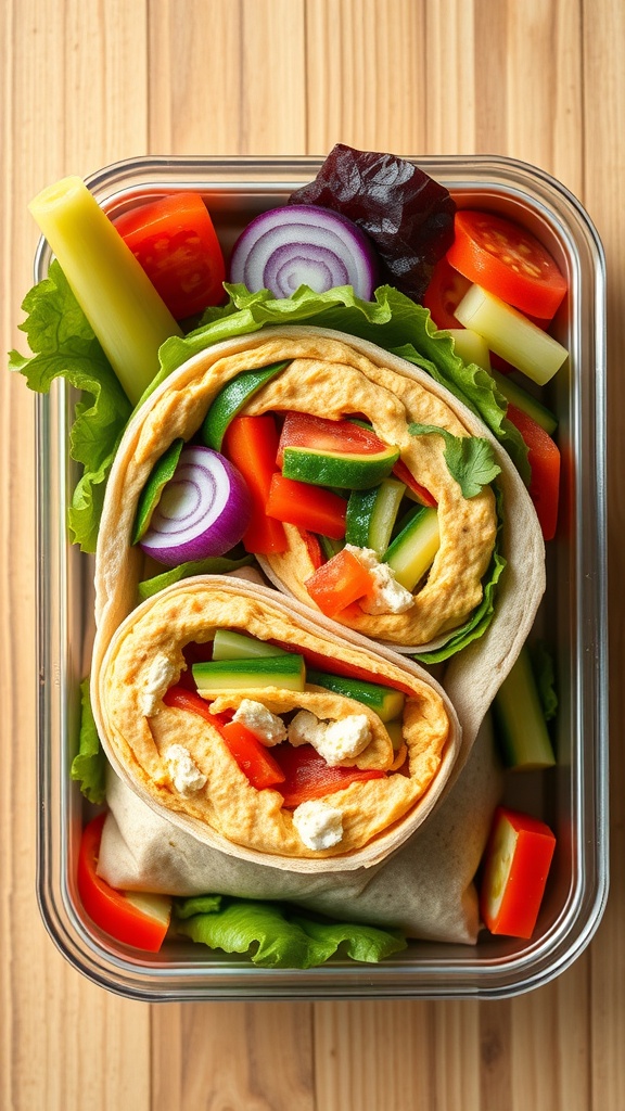 Colorful veggie wraps with fresh vegetables in a lunchbox