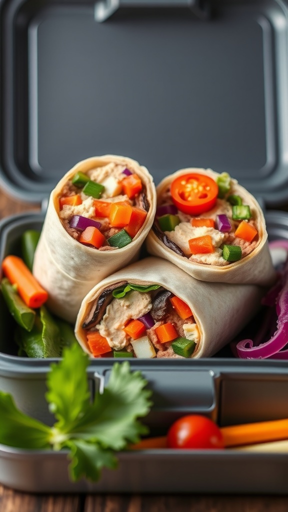 Colorful veggie wraps with hummus, featuring fresh vegetables wrapped in tortillas.