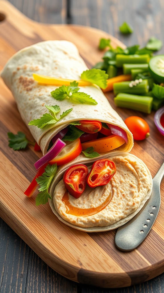 Colorful veggie wraps with hummus and fresh vegetables