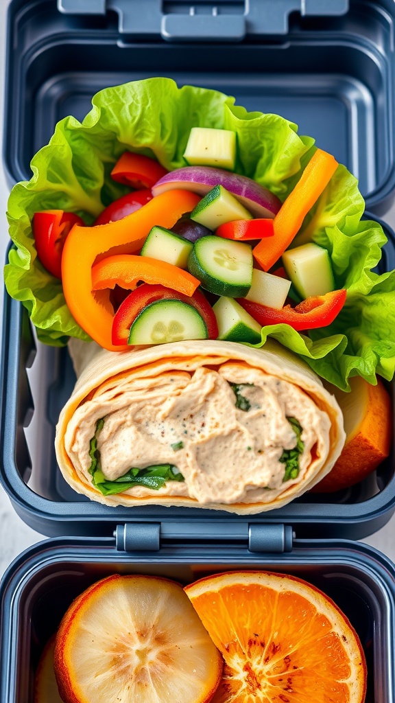 Colorful veggie wraps with hummus and assorted vegetables