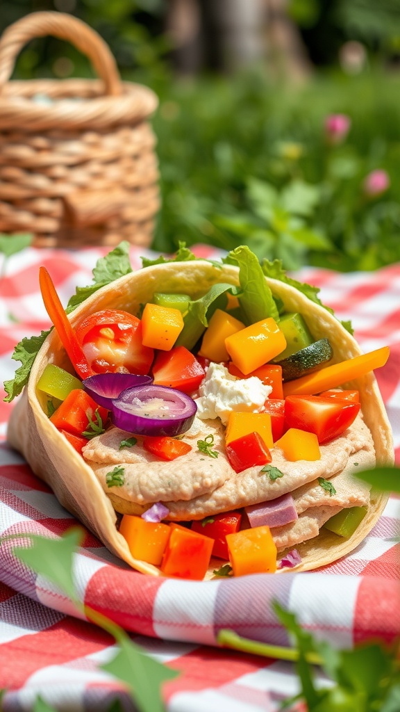 Colorful veggie wraps filled with fresh vegetables and hummus, placed on a picnic blanket.
