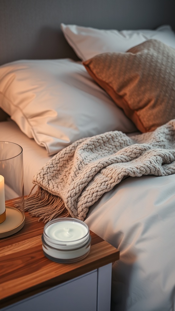 Cozy bedroom with a bed, pillows, a soft blanket, a candle, and a jar of cream on a bedside table.