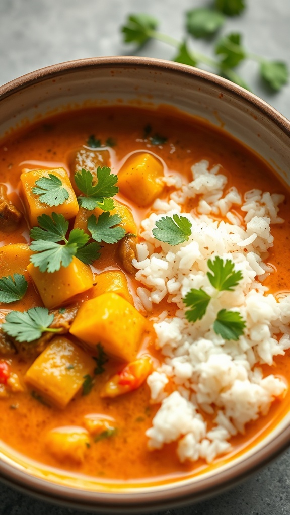 A bowl of comforting vegetable curry with rice and fresh cilantro.