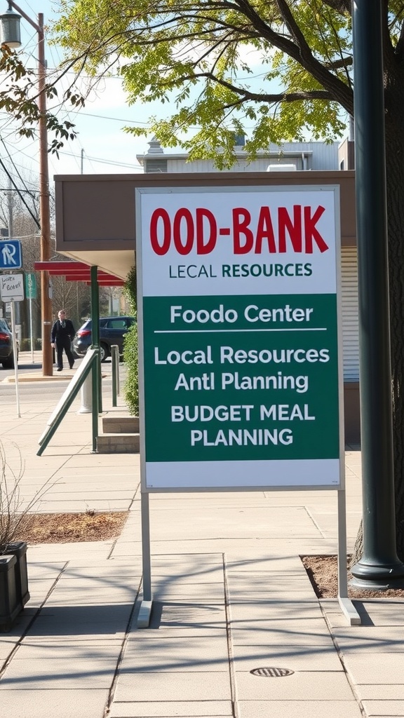 A sign indicating community food resources and budget meal planning options.