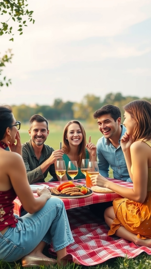 A group of friends enjoying a picnic together, laughing and sharing food and drinks in a sunny outdoor setting.