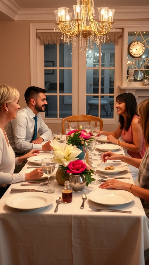 A group of friends enjoying dinner together at a beautifully set table, engaged in conversation and laughter.
