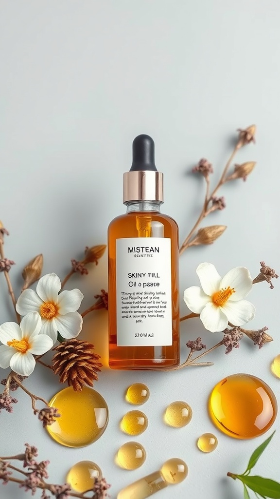 A bottle of oil-based skincare product surrounded by flowers and drops of oil on a light background.