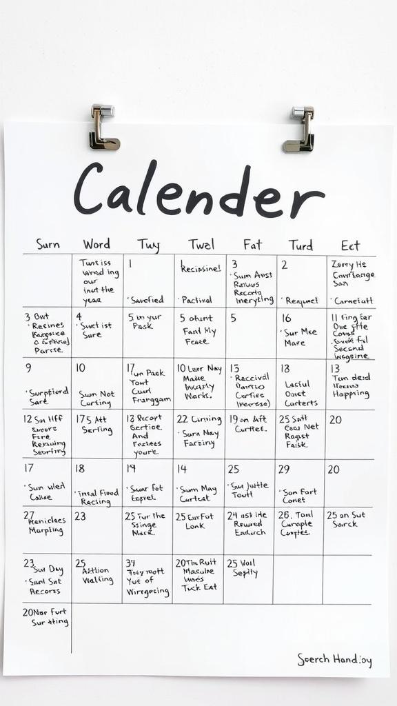 A calendar with various skincare tasks and reminders for self-care.