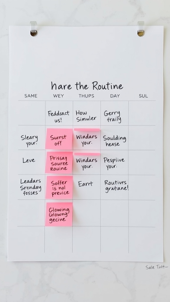 A weekly skincare planner with tasks written on sticky notes for each day.