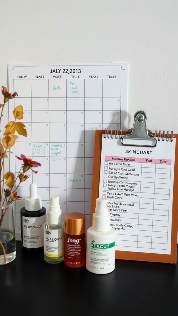 A well-organized skincare routine with a calendar, skincare products, and a checklist.