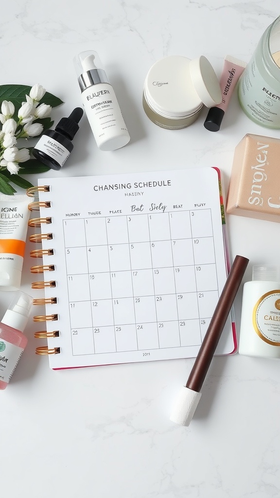 Various skincare products and a planner on a white surface