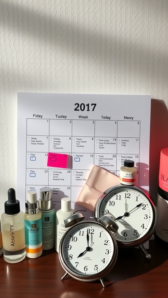A calendar, skincare products, and clocks representing a skincare routine.
