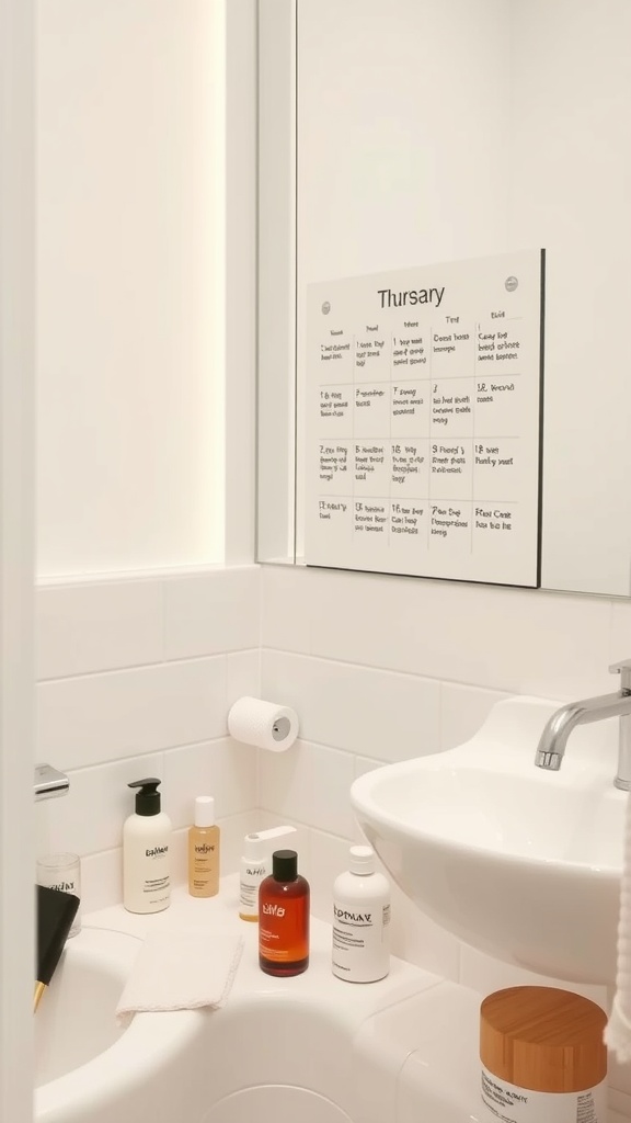 A bathroom setup with skincare products and a calendar showing a structured skincare routine.