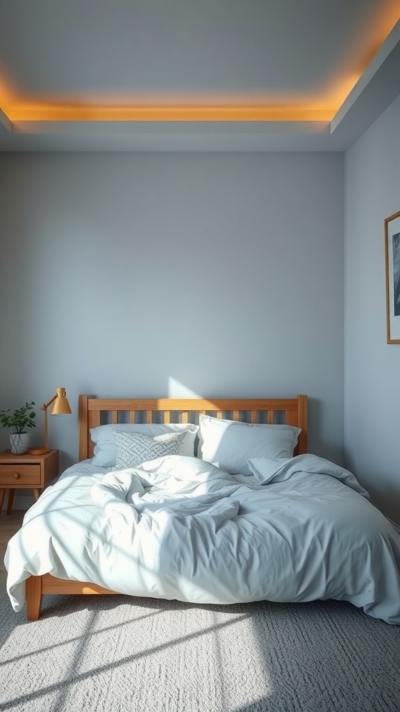 Cozy bedroom with a bed and warm lighting for a relaxing environment.