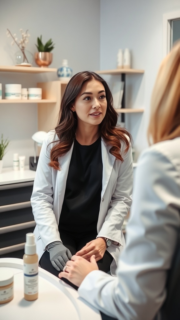 A woman in a white coat consulting with a client in a dermatology office.