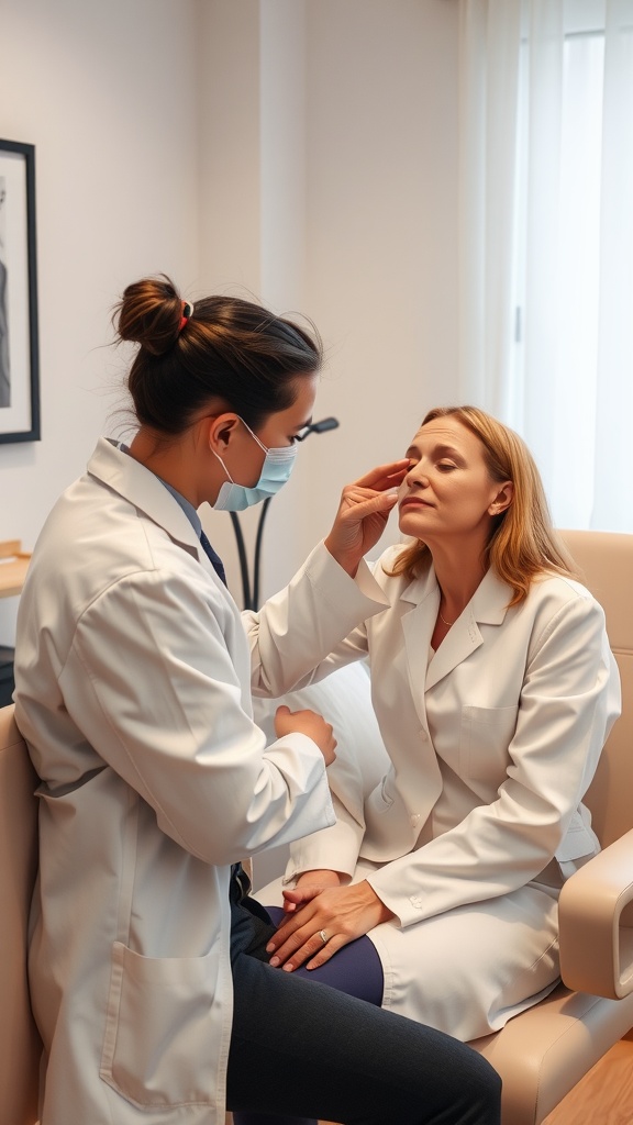 A dermatologist consulting a patient about skin care.