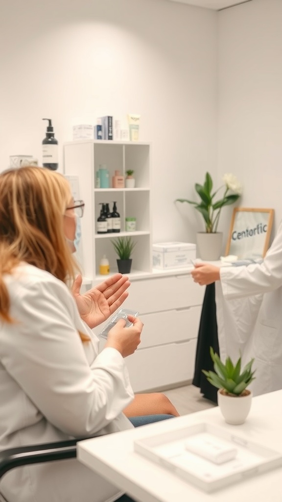 A dermatologist consulting a patient in a modern clinic, discussing skincare options.