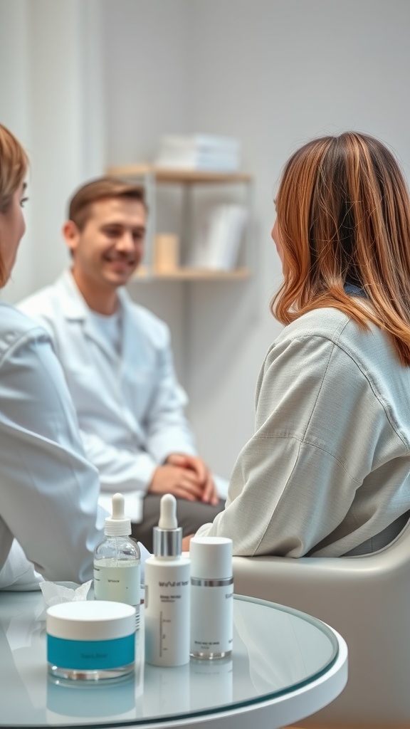 A dermatologist consulting a client about skincare options in a clinical setting.