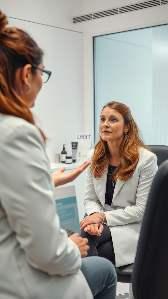 A skincare consultation between a professional and a client, showcasing a personalized approach to skincare.
