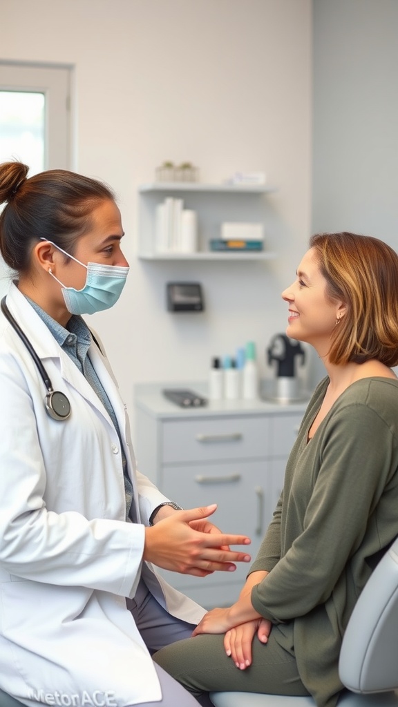 A dermatologist and a patient discussing skincare concerns in a medical office.