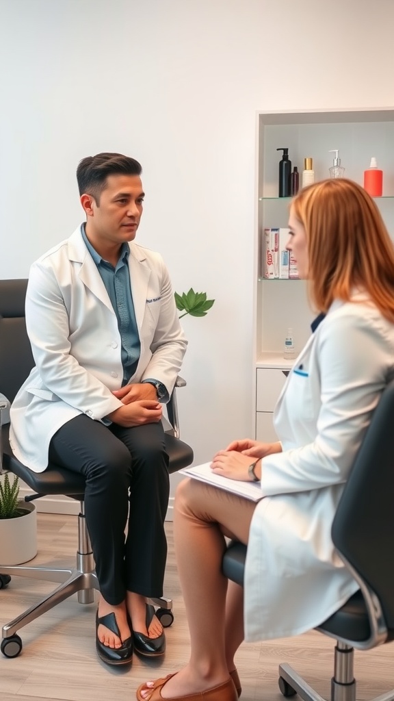 A dermatologist speaking with a patient in a clinical setting.