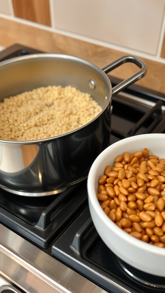A pot of couscous on the stove next to a bowl of brown lentils.