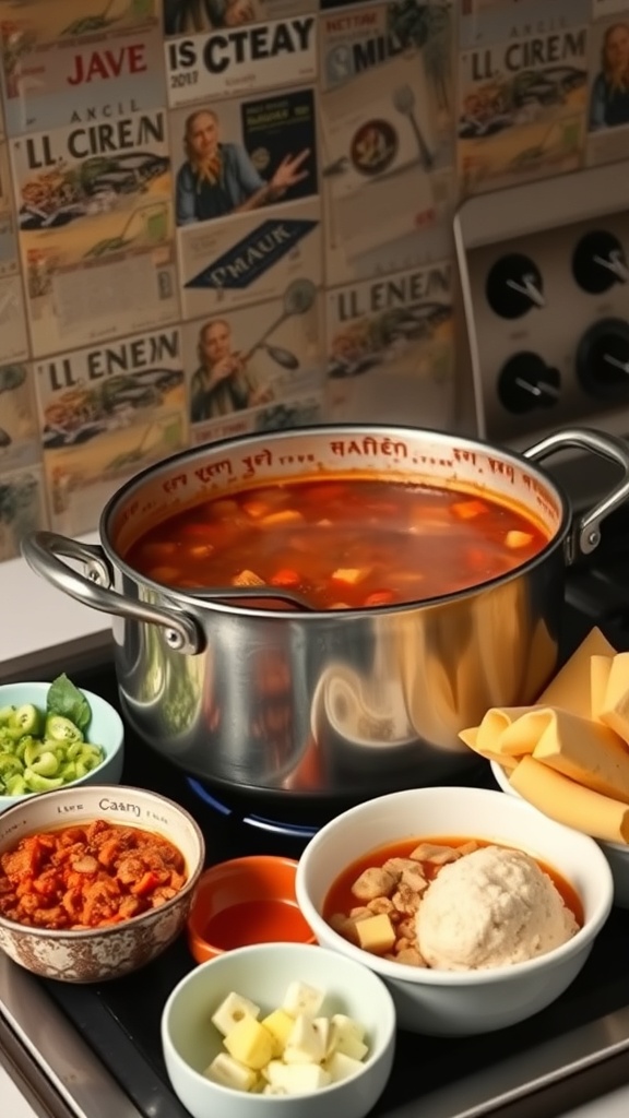 A large pot of stew on the stove with bowls of ingredients around it.