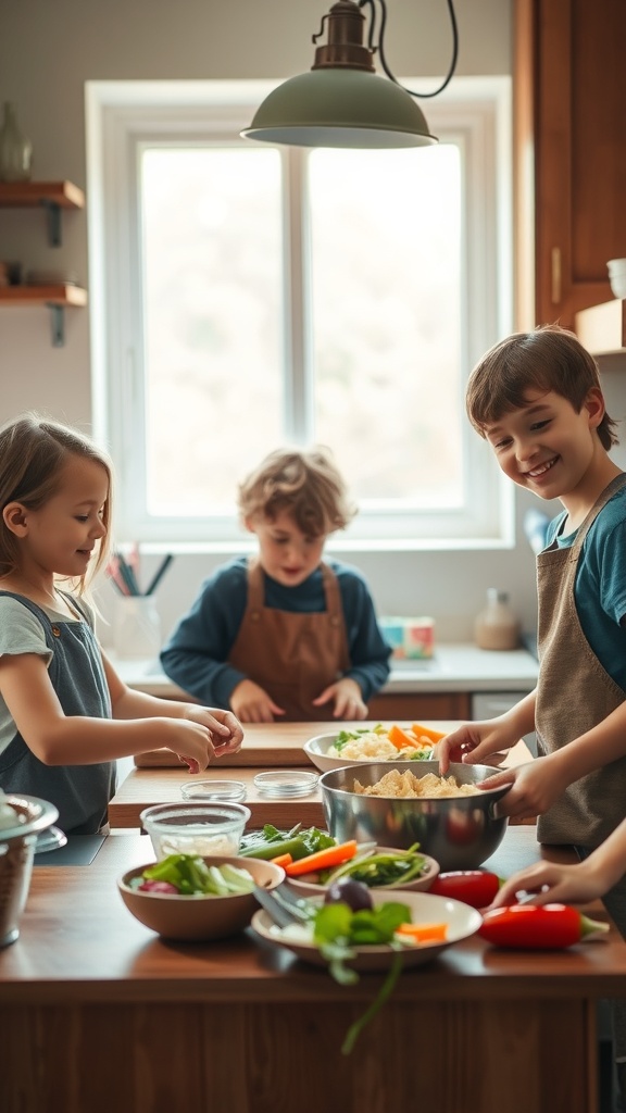 Children cooking together in a kitchen, preparing a meal with fresh vegetables and smiling.