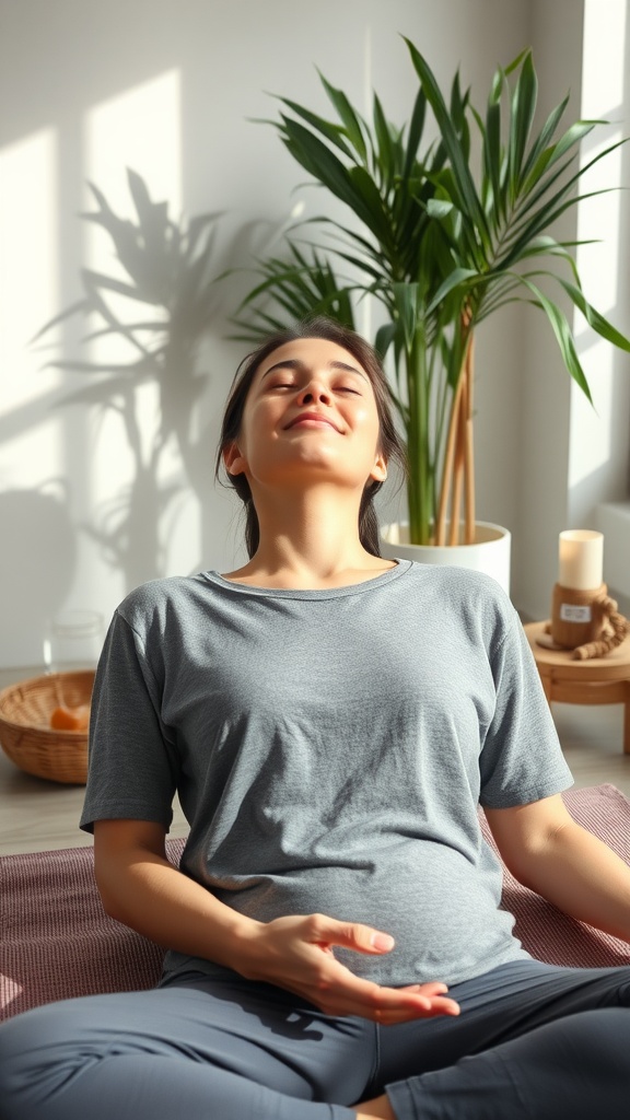 A person practicing relaxation techniques in a tranquil setting with a plant in the background.
